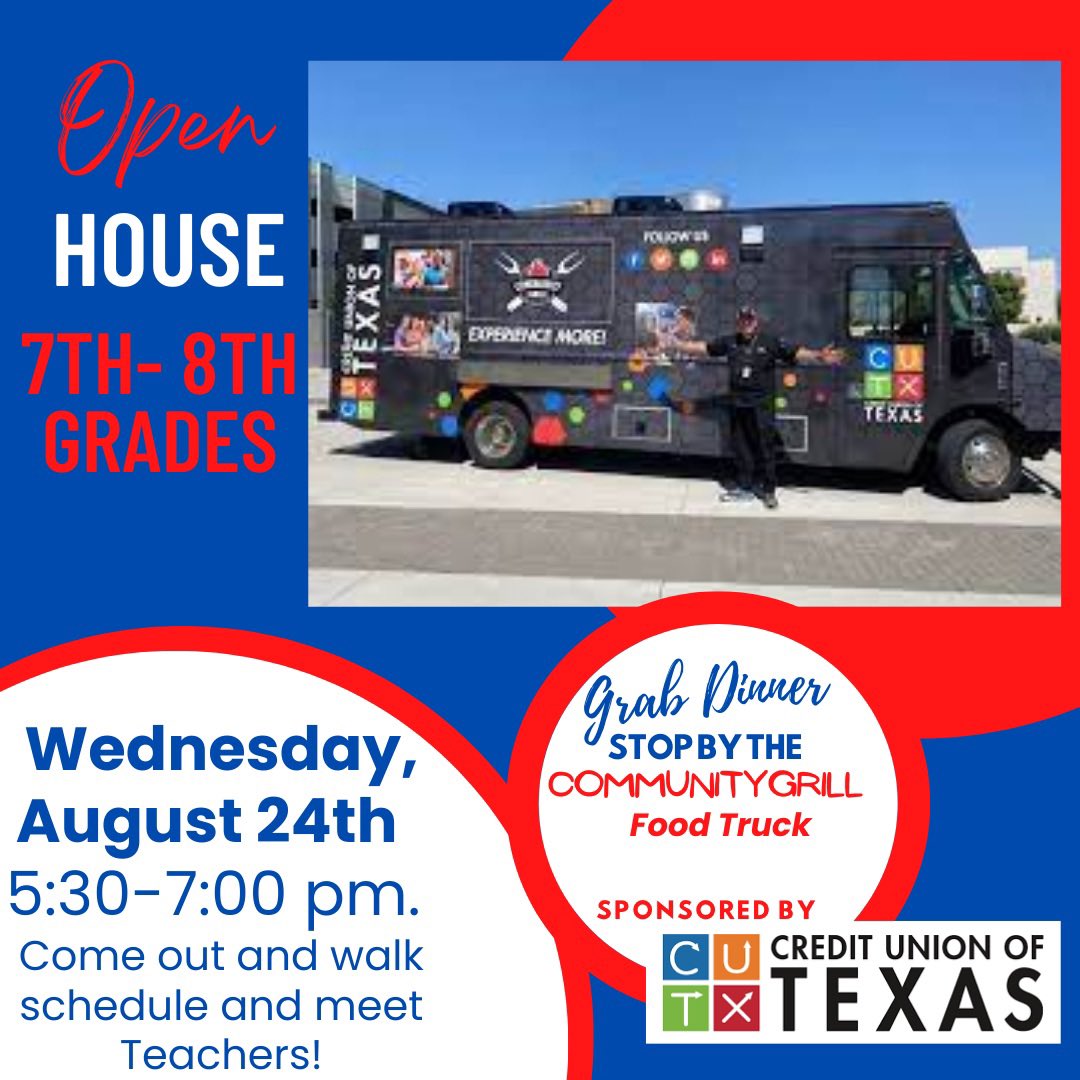 HaggardEagles's tweet photo. Can’t wait to see everyone at 7th-8th Grade Open House Wednesday, Aug. 24th 5:30-7:00! Food will be provided courtesy of Credit Union of Texas Community Grill Food Truck! #communitygrill #cutxcares https://t.co/B02hoYsn2q