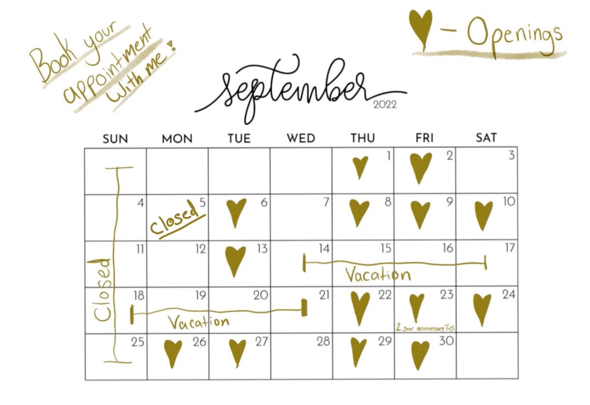 ✨ August is coming to a close✨

✨I do still have some spots available for the remaining of August✨

✨I have a picture posted below to show which days are open in September✨
