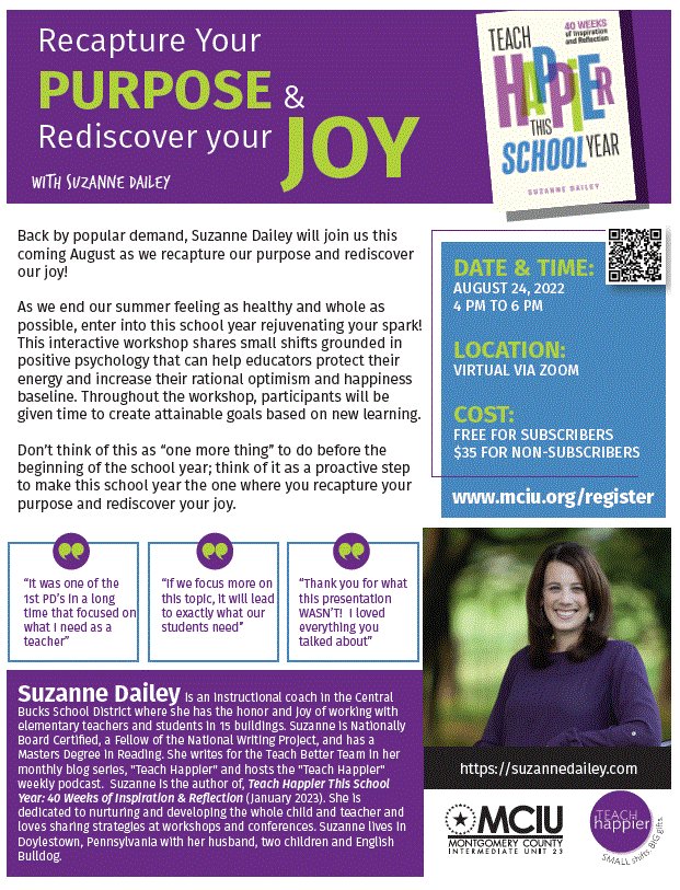 Erin (@opl_ekb) on Twitter photo Feeling a little overwhelmed about the upcoming school year? Then this IS FOR YOU!!! Join us this coming Wednesday, August 24th from 4pm to 6pm virtually with <a href="/DaileySuzanne/">Suzanne Dailey</a> as she helps us focus on purpose and joy! Register 👉🏽mciu.gosignmeup.com/public/Course/…
#MCIULearns #TeachHappier Feeling a little overwhelmed about the upcoming school year? Then this IS FOR YOU!!! Join us this coming Wednesday, August 24th from 4pm to 6pm virtually with <a href="/DaileySuzanne/">Suzanne Dailey</a> as she helps us focus on purpose and joy! Register 👉🏽mciu.gosignmeup.com/public/Course/…
#MCIULearns #TeachHappier