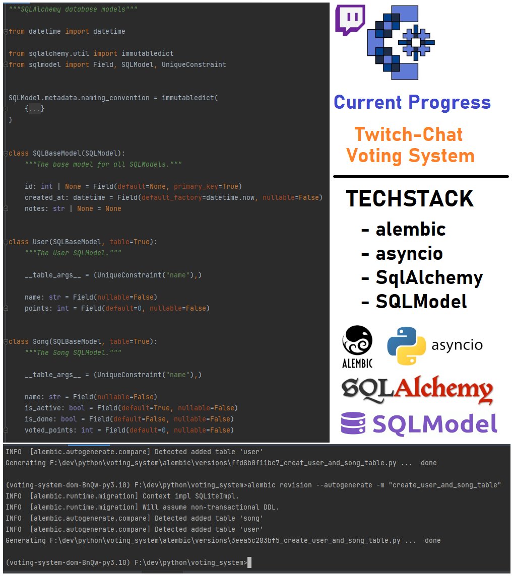 TutorExilius's tweet image. First #project with #SQLModel
My #Twitch Chat #VotingSystem which will be created in my #livestream s on twitch.tv/TutorExilius is based on the best #ORM for #python : #SQLAlchemy
#Alembic as migration tool and SQLModel as balancing act between #Pydantic and SQLAlchemy Models