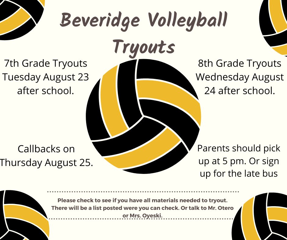 Important information about Girls Volleyball Tryouts with week! Email Mr. Otero or Mrs. Oyesiku with any questions!