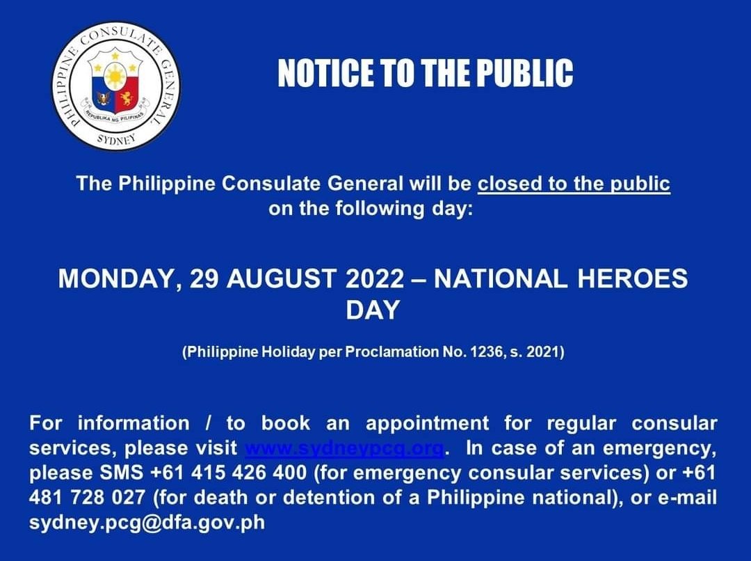The Philippine Consulate General in Sydney will be closed on Monday, 29 August in observance of the National Heroes Day, a Philippine holiday.
#PHLinSydney
#SentroRizalSydney