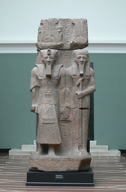 Ak_to_her_nef's tweet photo. (Ramesses II with) Ptah-Tatenen (right)was the deity of the primordial mound in ancient Egyptian religion. His name is "risen land" or "exalted earth", as well as referring to the silt of the Nile. As a primeval chthonic deity, Tatenen was identified with creation. 

#bookofgates https://t.co/SptPk3EQOh