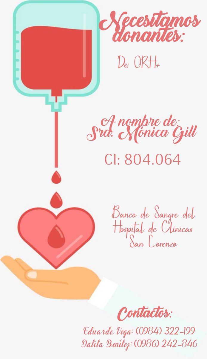dioses_2020's tweet photo. Necesitamos donantes ✨

A nombre de: Mónica Gill ❤️
Con CI: 804.064

🏥 Internada en la IIICCM del Hospital de Clínicas.

📝 Para donar: Acudir al Banco de Sangre del Hospital de Clínicas, San Lorenzo. https://t.co/kGYp8vSOT1