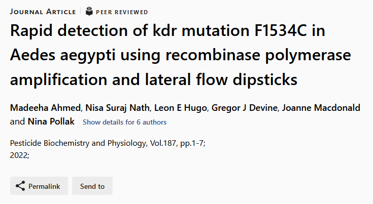 New publication from <a href="/MadeehaAhmed6/">Madeeha Ahmed</a> <a href="/ninampollak/">Dr Nina Pollak</a> <a href="/MolecularEngeer/">Joanne Macdonald</a> and team on rapid detection of #insecticide #resistance mutations in #Aedes mosquitoes using #RPA #LFD #rapid #diagnostics
Supported by <a href="/CBioinnovation/">Centre for Bioinnovation</a> grant

50 days free access👇authors.elsevier.com/a/1fbkkA-iSwyzc
