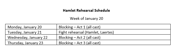 Hamlet Rehearsal Schedule Week of January 20 Monday, January 20	Blocking – Act 1 (all cast) Tuesday, January 21	Fight rehearsal (Hamlet, Laertes) Wednesday, January 22	Blocking – Act 2 (all cast) Thursday, January 23	Blocking – Act 3 (all cast)