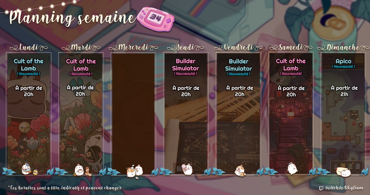 Likylium's tweet image. ✨ PLANNING DU 22 AU 28 AOUT ✨

👿 Lundi &amp;amp; Mardi &amp;amp; Samedi (Nouveauté)
[20h] #CultoftheLamb  - @cultofthelamb 
 
🛠️ Jeudi &amp;amp; Vendredi (Nouveauté)
[20h] #BuilderSimulator - @livemotiongames 
 
🐝 Dimanche (Nouveauté)
[20h] #Apico - @tngineers