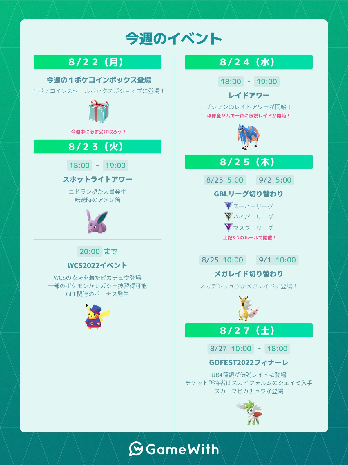ポケモンgo攻略 Gamewith En Twitter 今週の主なイベント Wcs22記念イベント終了 8月23日 火 時まで Gblリーグ切り替わり スーパー ハイパー マスター開催 Gofest22フィナーレ Ub4種が伝説レイドに登場 など ポケモンgo T Co 0ybr5mw4lx