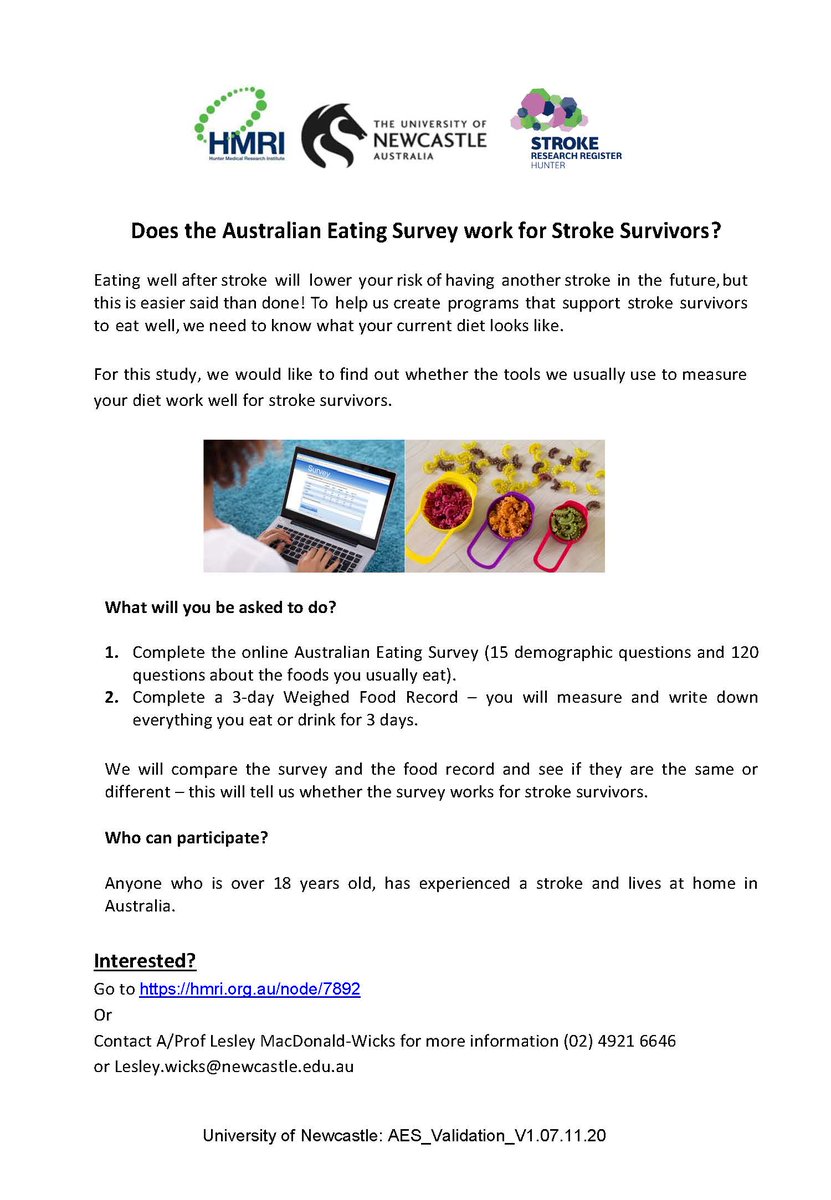Researchers use the Australian Eating Survey to find out what people’s usual eating pattern looks like. The team at @HMRIAustralia are looking for volunteers to test if the survey works for Stroke survivors. Visit redcap.hmri.org.au/surveys/?s=44D… to complete the survey! #strokeresearch