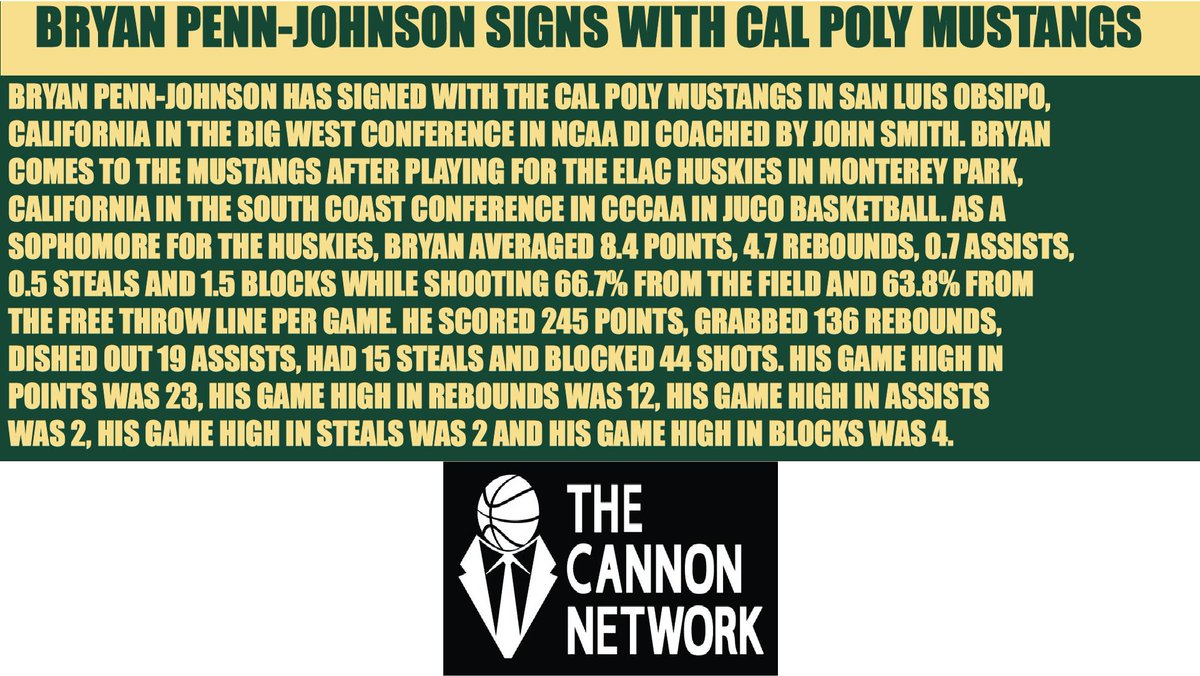 Cannon_Network's tweet photo. Bryan Penn-Johnson joined @Mustangcoach14 and Cal Poly Mustangs. https://t.co/imKXl7OOQe #basketball #CalPoly #CalPolyMustangs #SanLuisObispo #California #BigWestConference #NCAADI #TheCannonNetwork https://t.co/HUI4A8aGb4