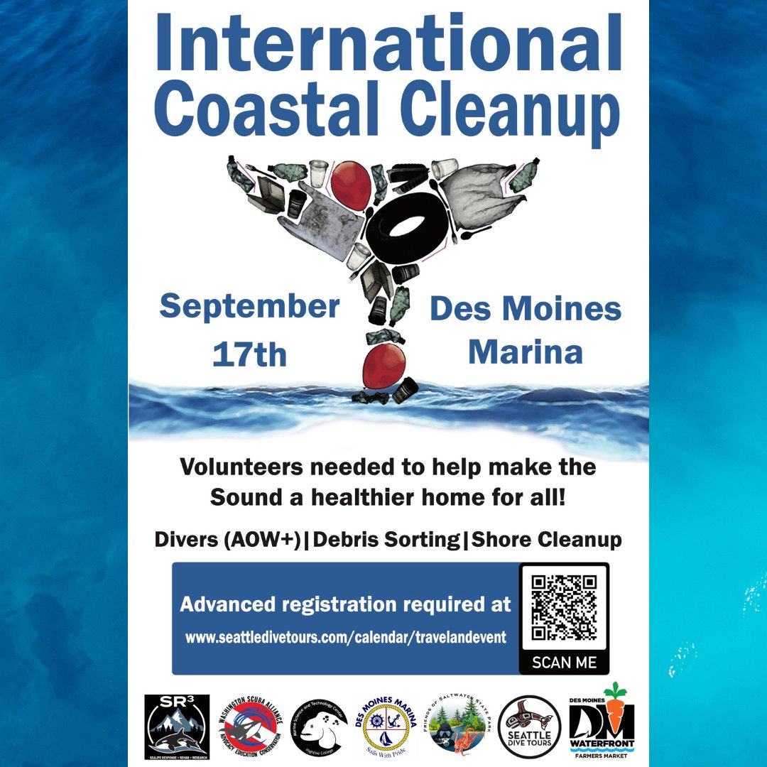 SR3Sealife's tweet photo. Help us clean up the #PugetSound and join the annual #InternationalCoastalCleanup at Des Moines Marina on 9/17!
Volunteers are needed as:
🗑️Shoreline Cleaners
🗑️Debris Sorters
🗑️Divers (AOW+)
Sign up for your time slot at https://t.co/ptWvQHP78J.
@MaSTCtr, @seattledivetour https://t.co/kefMjQHNy1