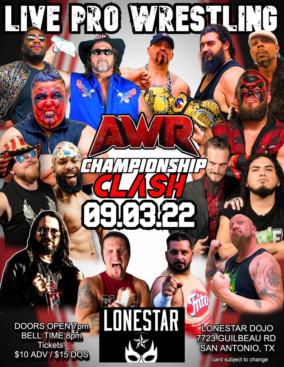 AWRforce's tweet photo. Our next show is in San Antonio Texas Sept 3! 
Get your tickets!
https://t.co/f2VuvUVgxK

AWR returns for a special night of action!

Worldwide Wrestler Former TNA Tag Champ Shawn Hernandez will be in attendance!
The Best Heel in Texas Joey Spector!
See the 6'9 Monster Apagon! https://t.co/O0Bv3yvXsb