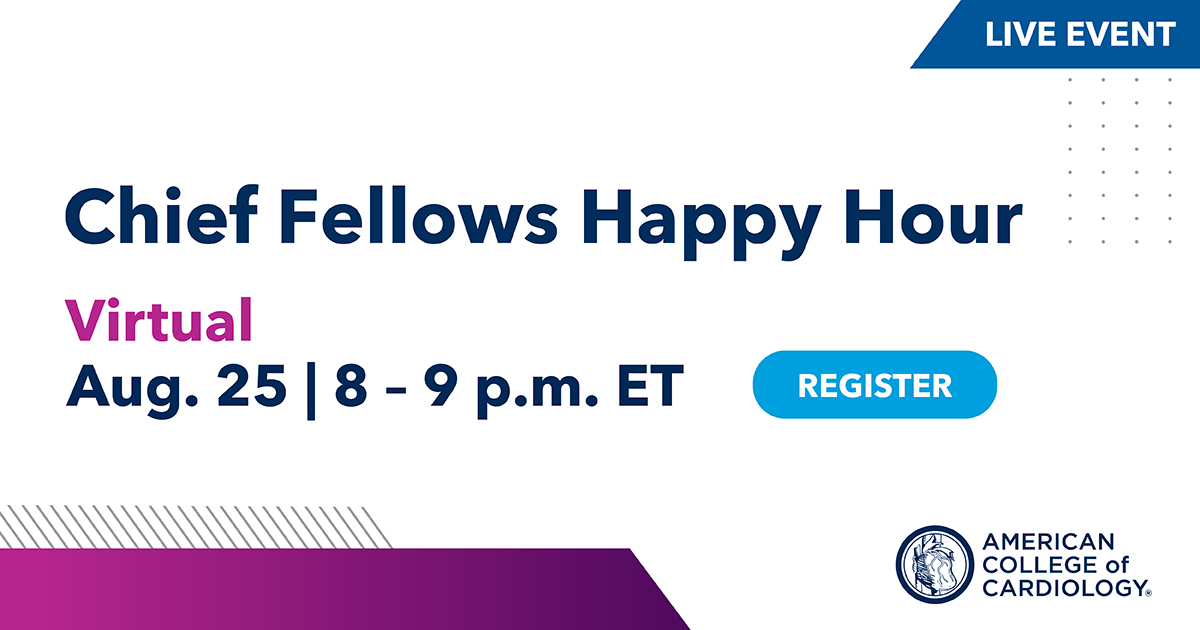 👋#ACCFIT Chief Fellows! Interested in meeting other chief fellows? Just need some time to destress? Join us for a *virtual happy hour* 📅this Thursday August 25th, 8 PM EST! ✔️Foreword by Dr. @KBerlacher ✔️Breakout session w/ chief fellows Sign up @ tinyurl.com/ycspvfdk