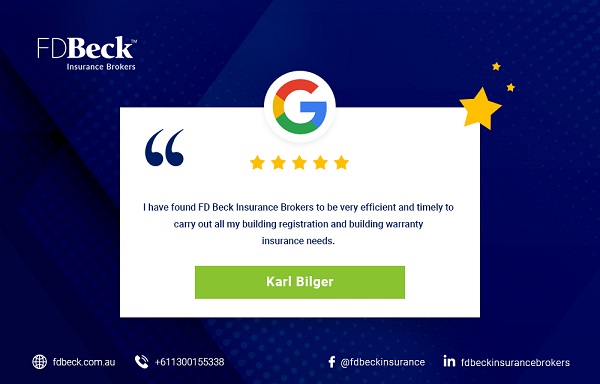 Another 5 🌟 star rating from one of our beloved clients! Thank you, Karl. We are glad to be of help with your #builderwarranty #insurance.

📲 tel:+611300155338
🖥️ fdbeck.com.au