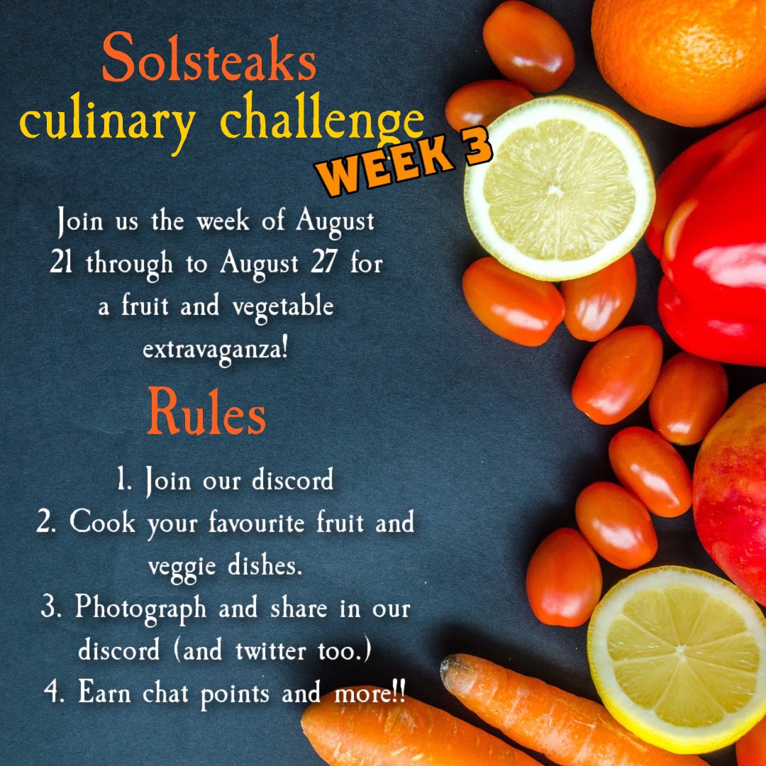 🍓🥕FRUIT AND VEGETABLE CHALLENGE🍒🥦

EVERYONE WINS!!!😎

Submit pic of your fruit and/or veggie dish!! 

🥇 1,000 chat points - best picture
🥈 50 chat points - participation 
 
buy NFTs, cookbook, steak &amp; more! Let’s get veggie with it😜