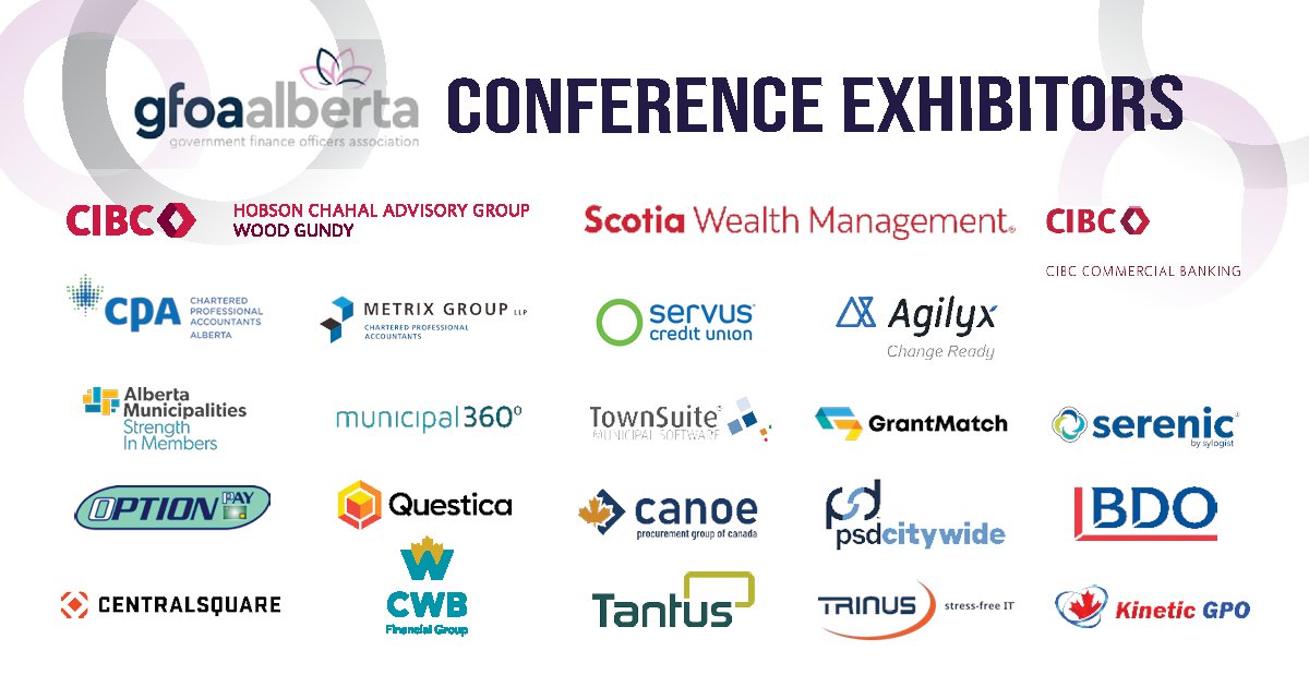 GFOAAlberta's tweet photo. Checkout the Exhibitors we have confirmed for the GFOA Conference in October 16-17 at the Hyatt in Calgary.
⭐️🌟⭐️
Check out the program, register your spot and book your hotel at https://t.co/jFzF0NWLXB
#governmentfinance
#financeofficers
#Alberta
#GFOA
#corporateevents
#CPA https://t.co/1LJ5QNh0jE