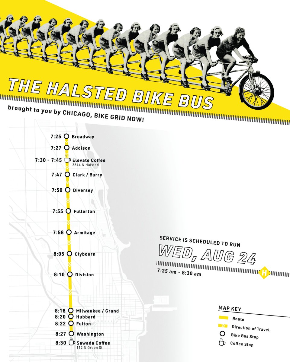 BIKE BUS ALERT! This Wednesday, hop on the inaugural CBGN Halsted Bike Bus. Grab coffee with us at Elevate or join along the way (SW corner at each stop).

Track the bus: bikebustracker.bikegridnow.org

Don't need to be in The Loop by 8:30? Hang out or work from Sawada Coffee after.