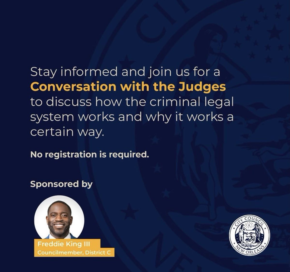 freddiekingiii's tweet photo. Stay informed and join us for a conversation with the Judges Nandi Campbell and @delargeforjudge to discuss how the criminal legal system works and why it works a certain way.

Mon., August 22
5:30 PM - 7 PM

St. Roch Community Church
1738 St. Roch Ave.,
NOLA 70117

#fkiii #nola https://t.co/sCUtISC9nN
