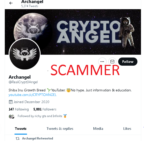 Dezaxe's tweet photo. #SHIBARMY We ask for your help to eliminate this scammer @RealCrypt0Angel 

He pretends to be the real ArchAngel and he tries to scam people in DM

The real ArchAngel has over 9000 followers, this one only has 5000

Report and block ☠️ https://t.co/qDfo934Fln