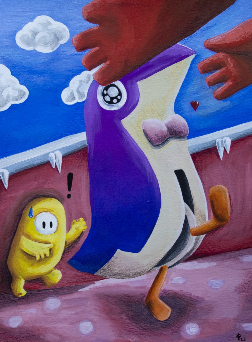 SgtNipps's tweet photo. Come here little #pegwin 

#fallguys #yellowteamiykyk #fallguysart #gouachepainting https://t.co/Yjvl7uouRm