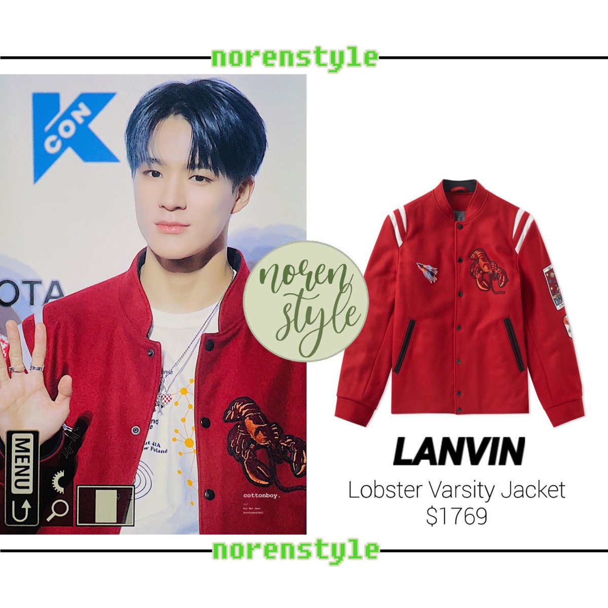 norenstyle's tweet photo. [Spotted] 220821 - NCT DREAM at KCON 2022 LA RED CARPET, #JENO wearing:

#LANVIN Lobster Varsity Jacket

#NCTDream #이제노 #제노 https://t.co/nggUg7r9Sz