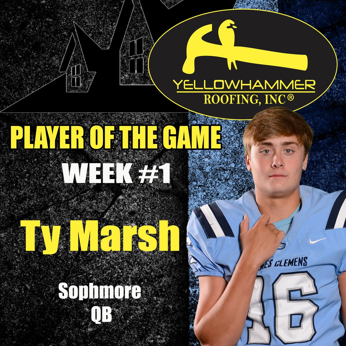 Congrats to Sophmore backup QB #16 Ty Marsh.  He is this Weeks Yellowhammer Roofing, Inc. "Player of the Week"  

Ty stepped up big time in his first Varsity game when we needed him!!!

#Classof2025QB #CongratsTy #YellowHammerRoofing #PlayeroftheGame
