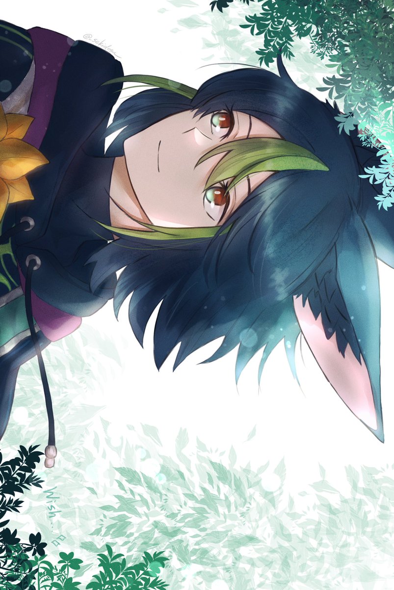 1boy male focus animal ears green hair fox ears fox boy solo  illustration images