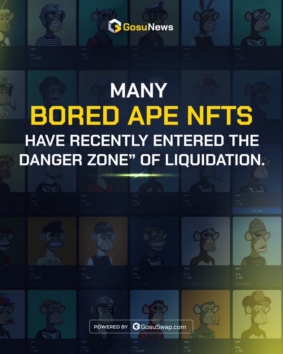 $5.3 million worth of Bored Apes are at risk of being liquidated. Dozens of Bored Ape Yacht Club non-fungible tokens (NFT) purchased with borrowed money sit perilously close to being forcibly sold, and there's worry that could trigger even more liquidations.

#nftcommunity #nft