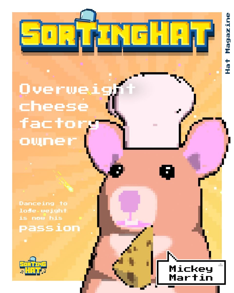 sortinghat_nft's tweet image. 📢  Character intro: Mickey Martin
A small cheese factory owner in the town got fat from testing his product. 🧀 ✨ 
Gladly his friend came to save the day by introducing him to exercise by dancing. 
But it turns out he’s good at making cheese and good at dancing. 🐭 💃 🎶