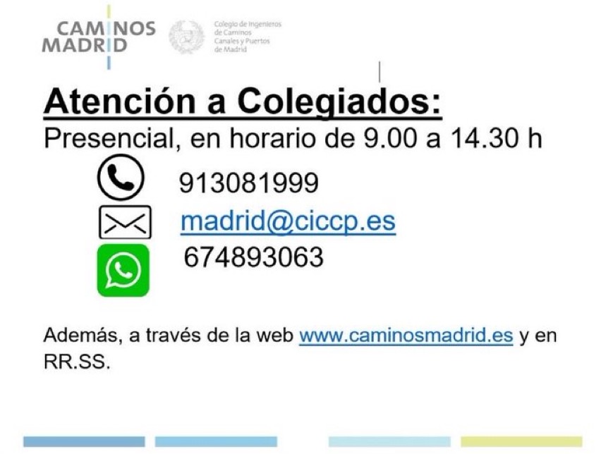 En <a href="/caminosmadrid/">Ing. Caminos Madrid</a> queremos estar siempre cerca de nuestros colegiados. Os recordamos las vías de comunicación que tenéis disponibles, incluido #whatsapp para atender, en especial, fuera del horario de atención colegial.

#PorSerColegiado 👍