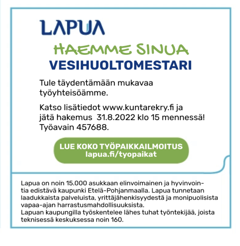 Teknisen keskuksen vesihuoltolaitoksella on vesihuoltomestarin paikka auki. Hae nyt meille töihin.
kuntarekry.fi/fi/tyopaikat/v…