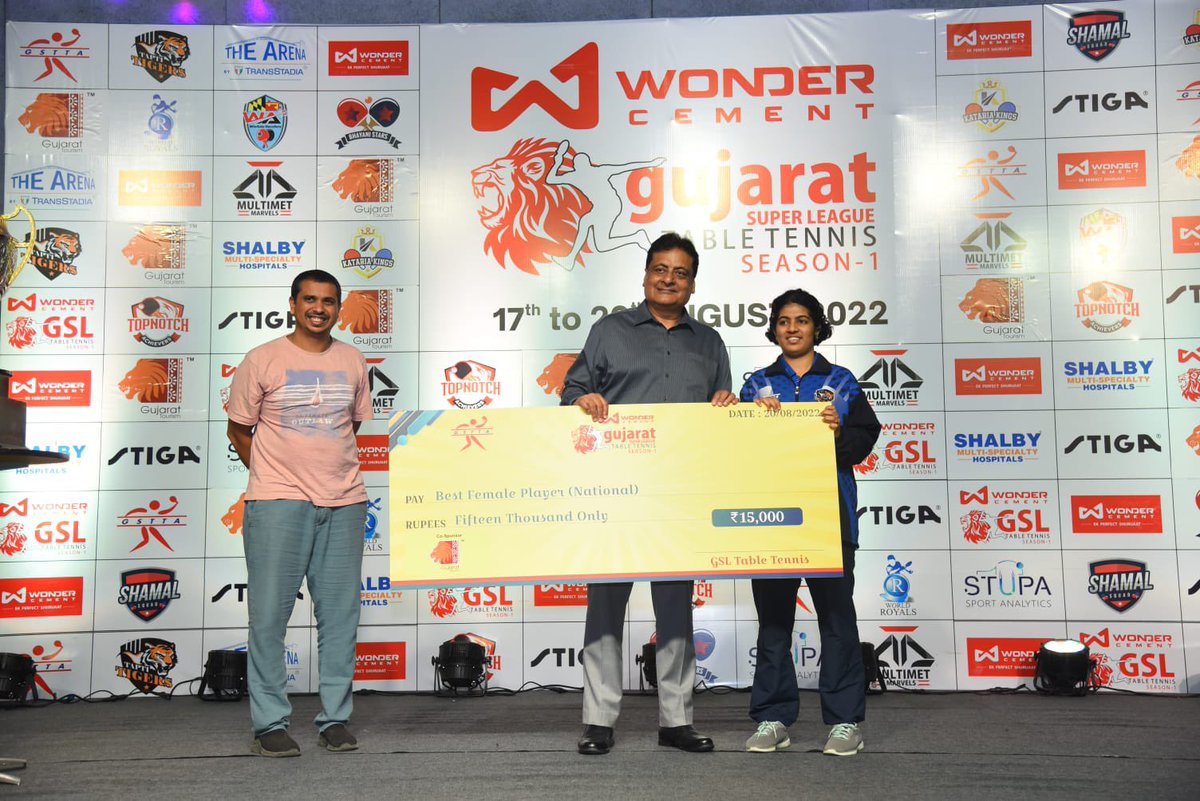Wonder Cement GSL Table Tennis Season 1 initiated by Gujarat State Table Tennis Association

Best Male Player (National) Award to <a href="/snehittt/">SFR Snehit</a> , <a href="/Tapti_Tigers/">Tapti Tigers</a> 
Best Female Player (National) Award to Swastika Ghosh, <a href="/Tapti_Tigers/">Tapti Tigers</a> 
presented by <a href="/gsttatt/">GSTTA</a>  President <a href="/vmittra/">VIPUL MITTRA</a>