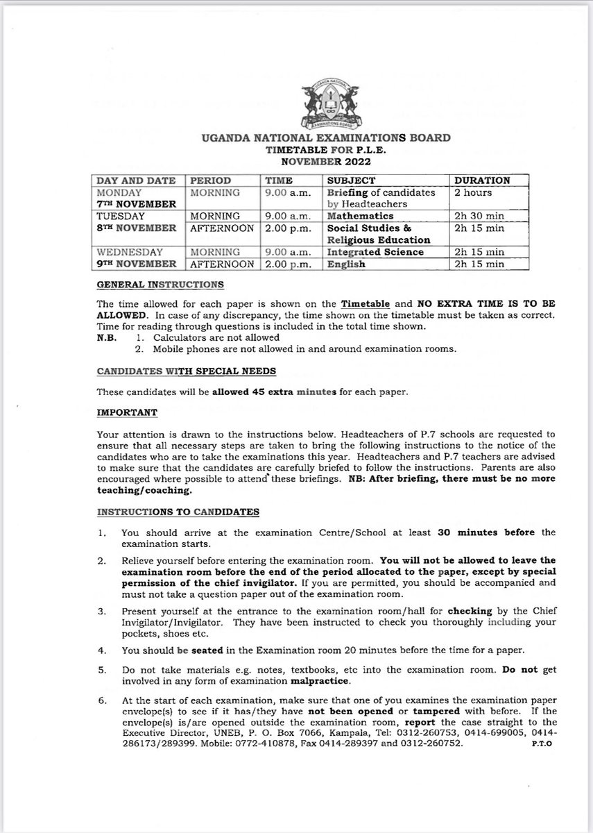 bbosa_sharleen's tweet photo. @UNEB_UG released the Primary seven examination timetable together with the instructions to help guide them as they sit for their final examinations.
@Educ_SportsUg @GovUganda https://t.co/YpXyL9gZqE