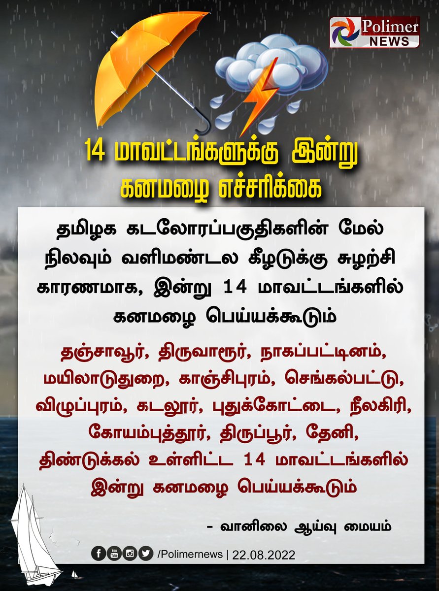 polimernews's tweet photo. #JUSTIN || 14 மாவட்டங்களுக்கு இன்று கனமழை எச்சரிக்கை | #TNRains | #Wheather_Update | #HeavyRain | #Tamilnadu | https://t.co/CKGwVurgWm https://t.co/tbhf17TOqr