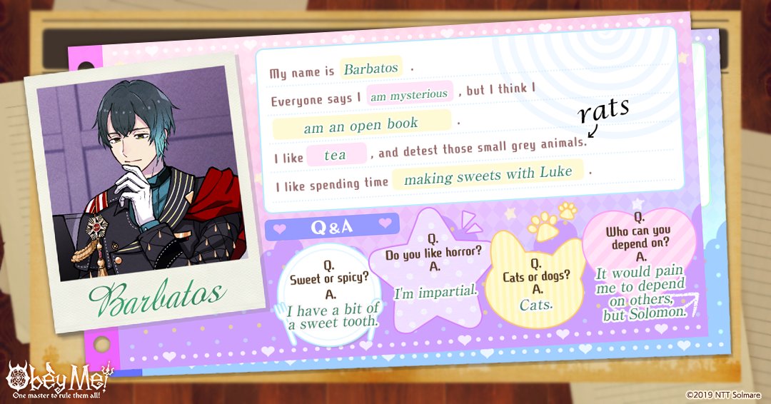 📰 RAD Newspaper Club Birthday Feature 📰
We thought you might want to know a little more about Barbatos seeing as it's his birthday and all. So, we made a traditional Devildom profile for him!
Take a peek, there might be something you didn't know 😉

#Obeyme #obeymemasters