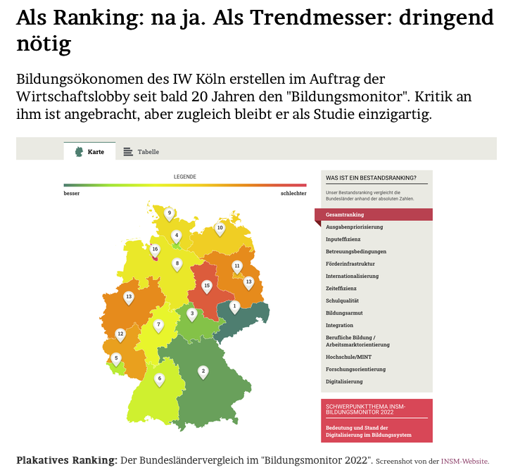 Als Ranking: na ja. Als Trendmesser: dringend nötig

Bildungsökonomen des <a href="/iw_koeln/">Institut der deutschen Wirtschaft</a> erstellen im Auftrag der Wirtschaftslobby seit bald 20 Jahren den #Bildungsmonitor. Kritik an ihm ist angebracht, zugleich bleibt er als Studie einzigartig. <a href="/insm/">INSM</a> #twlz

jmwiarda.de/2022/08/22/als…