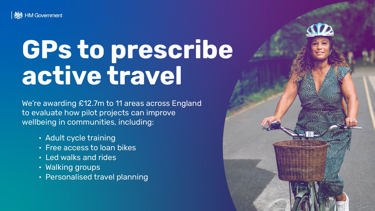 We've launched a new trial with GPs and @ActiveTravelEng to offer walking, wheeling and cycling prescriptions. This could help reduce health disparities and improve wellbeing across communities. 🚲
 
Read more about the trial 👉gov.uk/government/new…🚶‍♀️