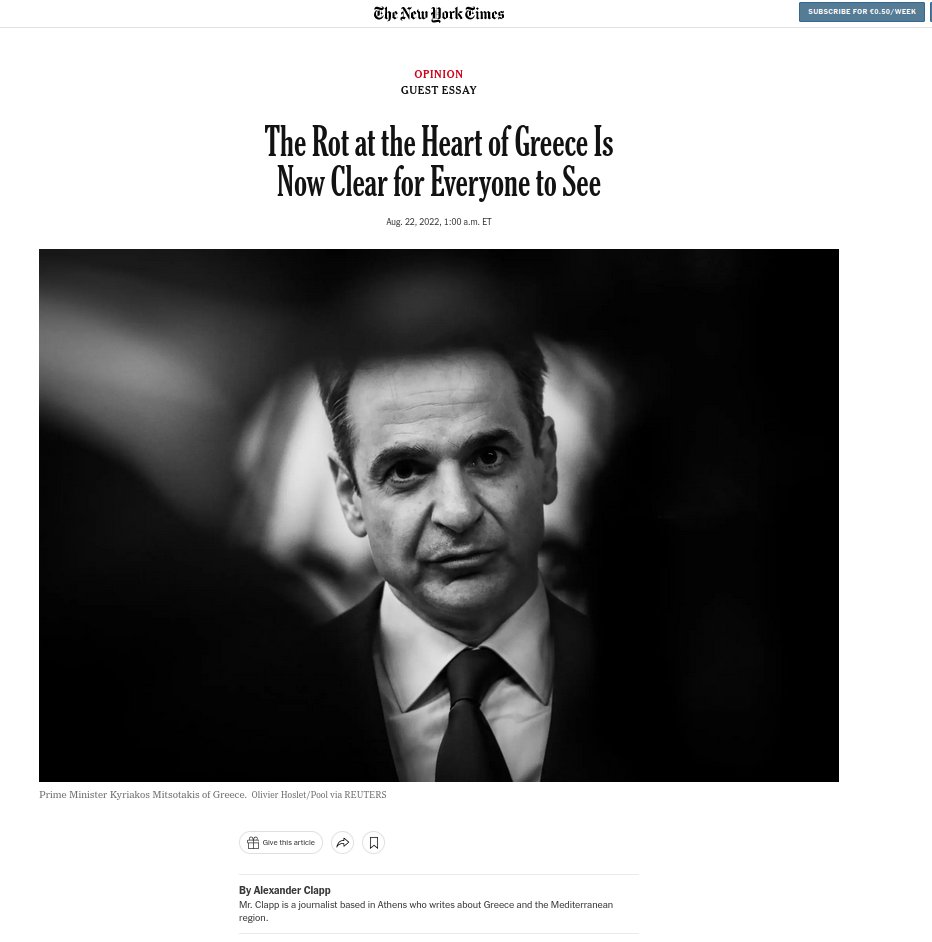 "Η σαπίλα στην καρδιά της Ελλάδας είναι τώρα καθαρή για να τη δει ο καθένας".

<a href="/nytimes/">The New York Times</a>  

nytimes.com/2022/08/22/opi…

#υποκλοπες #μητσοτακης #μαξιμου #predator #ΕΥΠ #Ανδρουλακης