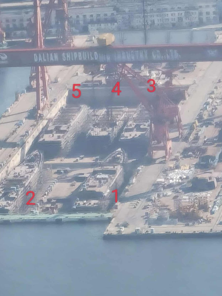 Defence_IDA's tweet photo. The Chinese Naval Shipbuilding Industry continues to demonstrate that it is in a league of its own: 
A ship spotter photo released today shows five Type 052D destroyers all taking shape in a construction dock at the Dalian shipyard.

#China #PLAN #Type52D https://t.co/8R2uUBGOIa