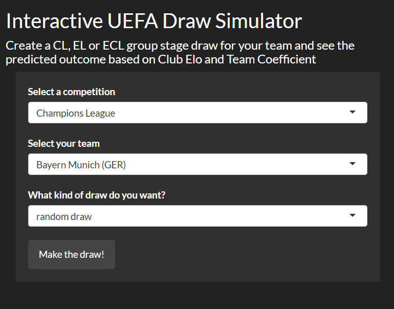 swissfootdata's tweet photo. 🚨LAUNCH UEFA DRAW SIMULATOR🚨

It is done! With our new interactive draw simulator, you can make group stage draws for your favorite team and get a prediction how your club will do

Check it out here 👇👇👇

https://t.co/AW7z81L9lQ

#UEFA #UCL #UEL #UECL https://t.co/21L690zOU5