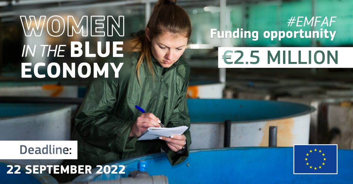 ⌛️ One month left to apply for the #EMFAF Call for Proposals on #WomenInTheBlueEconomy

🔹€ 2.5 million budget
🔹Exceptional co-funding of 90% 
🔹Up to two projects funded

✍️ Apply now!
europa.eu/!6pPQw7
