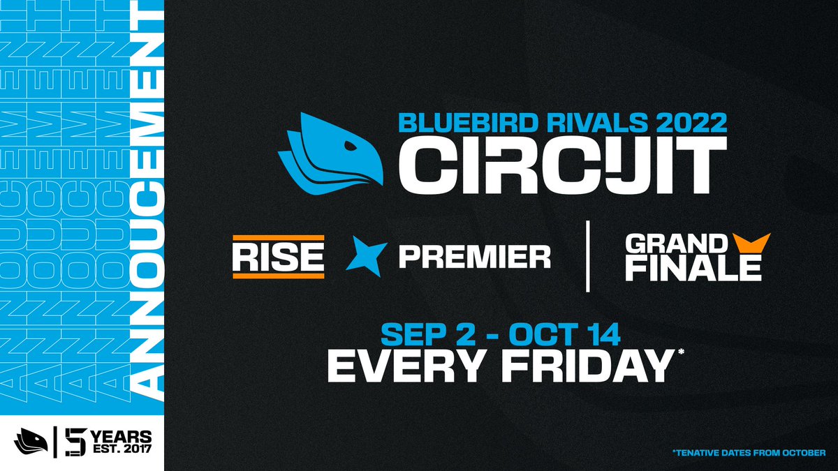 [#RocketLeague]

BlueBird Rivals is BACK to stop the events drought with our 2022 Circuit.

🏆 7 Weeks of ACTION!
🏆 $500 AUD GRAND FINALE prize pool.
🏆 MVP rewards for PREMIER and GRAND FINALE.
🏆 And MORE!

You can read all about it here:
🗒️ bit.ly/3wmR3GW