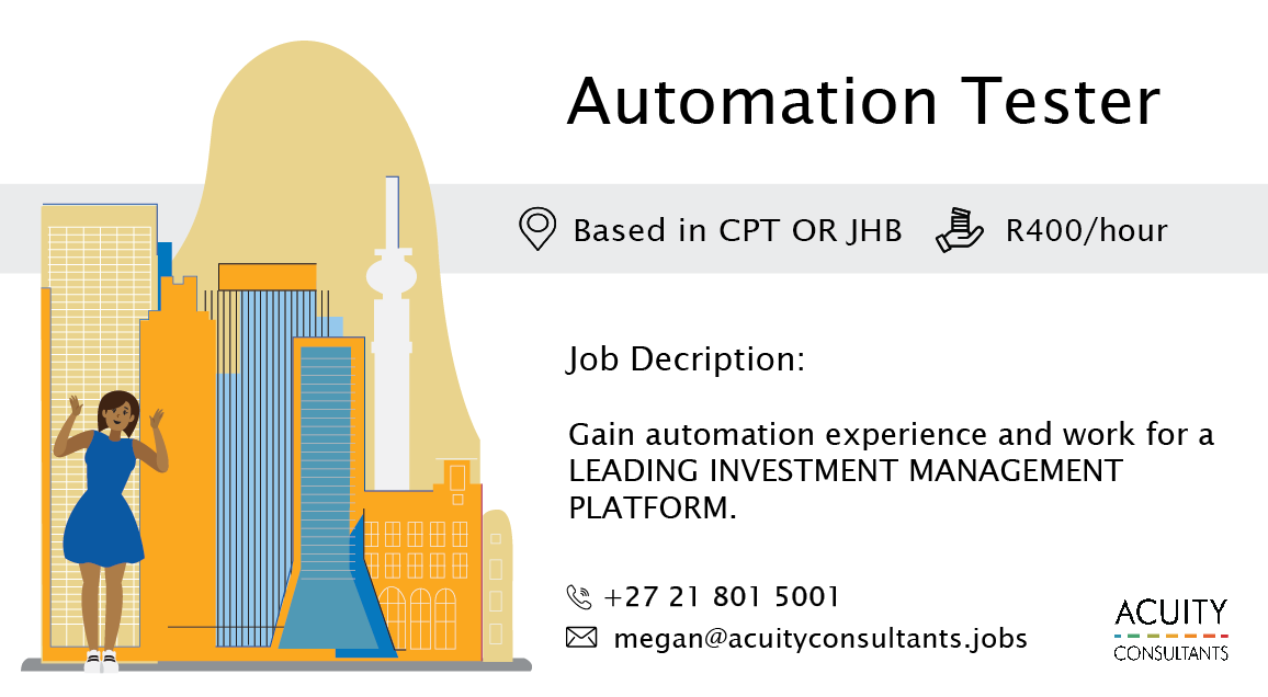 consultacuity's tweet photo. 🎯 New #JOB | Automation Tester | 📍 Based in Cape Town OR Johannesburg - 12-month contract |  💰 R400/hour

MORE DETAILS HERE: 👉 https://t.co/LFUNLNZYEZ 👈

#recruitment #acuityconsultants #jobalert https://t.co/NF8ZLs8oWa