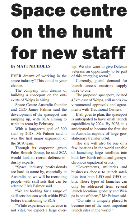 'Ever dreamt of working in the space industry? This could be your chance.'

A great article on the upcoming expansion of Space Centre Australia on page 7 of the Cape York Weekly.

issuu.com/capeyorkweekly…