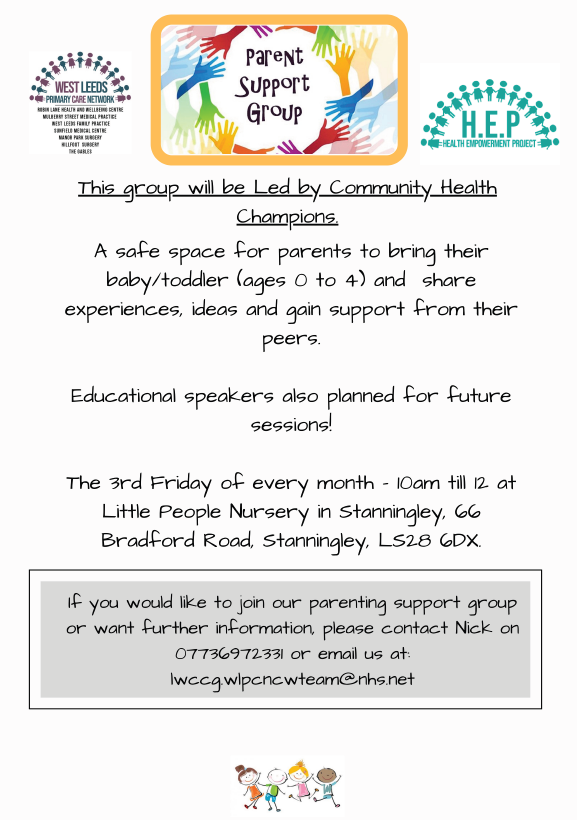 Our Community Health Champions will be leading a parent support group for parents and their baby/toddlers. For more information please see the poster below!