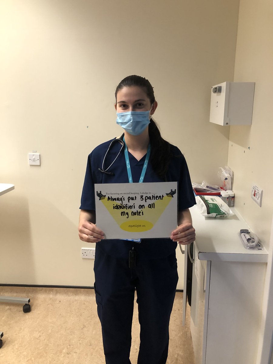 TGICFTSaferCare's tweet photo. Last week of Spotlight On Record Keeping ✍️ Competition of best board is coming to an end! Here’s a member of physio team with her pledge to improving documentation. Well done team 👏 📚 #SpotlightOn #recordkeeping #writeitright https://t.co/F4Fu7SYljr