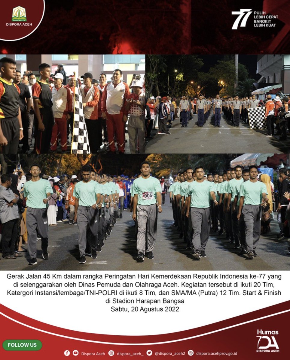 TBNuzullah's tweet photo. HUT RI 77 Tahun 2022
Gerak Jalan 45 KM
#AcehTeuga
#AcehJuara
#DisporaSiap https://t.co/Ps7qbflTZ8