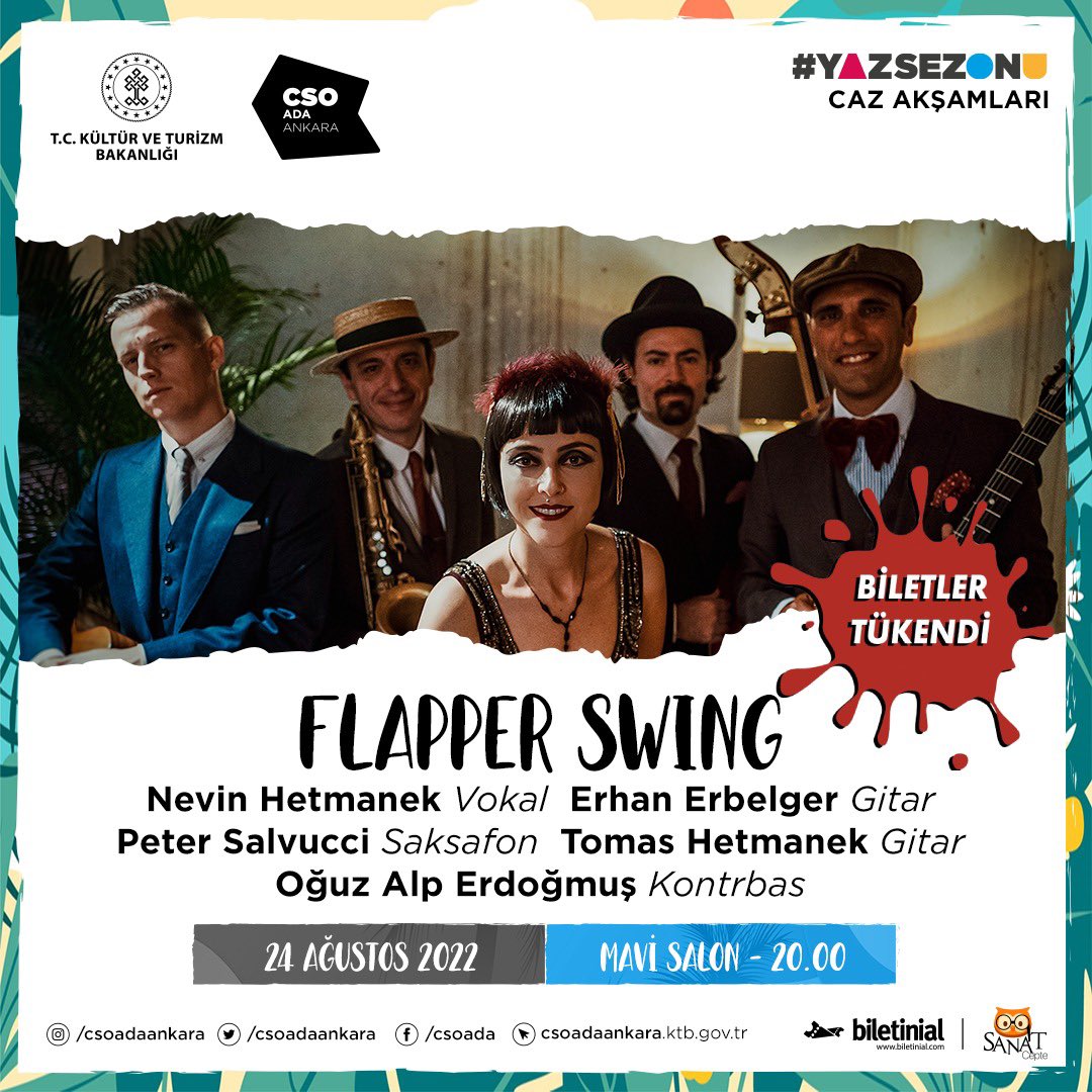 csoadaankara's tweet photo. ✨Flapper Swing konserimizin tüm biletlerini tüketerek göstermiş olduğunuz yoğun ilgi için teşekkür ederiz.

🗓 24 Ağustos Çarşamba 
⏰ 20.00
📍 Mavi Salon

#csoadaankara #cazakşamları #flapperswing https://t.co/74GMLZQ7jU