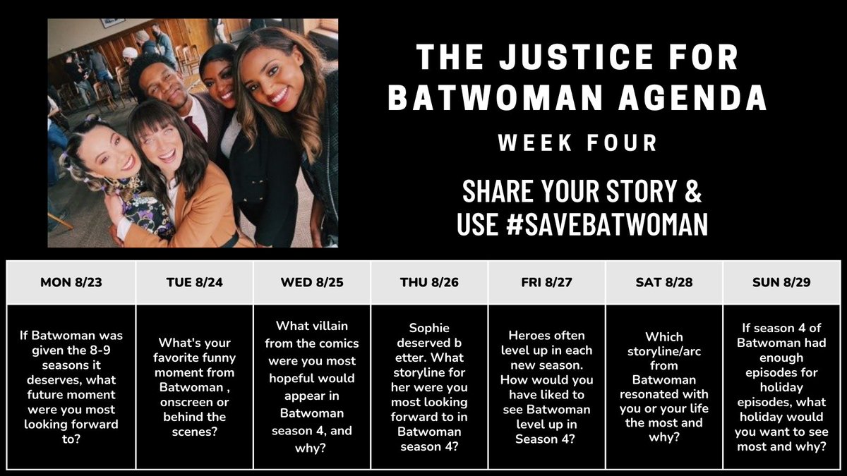 SaveBatwoman's tweet photo. Been enjoying the #JusticeForBatwoman agenda? We've got a big week ahead! Here are the upcoming prompts. The week ends at @ClexaCon with #Wildmoore. If you're going, be sure to wear your #SaveBatwoman shirts! https://t.co/J0MgXfja65 And don't forget to support #CampaignCrossover. https://t.co/OoqD12ewAz