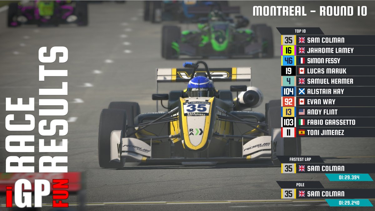 igpfun's tweet photo. Make it 2 now for @SamColman5 - he's been dialed in from his first race &amp; controlled the field at Montreal in a race that saw tight battles throughout the field. Check out the results on the new-and-improved iRace website: https://t.co/xl3A1xL08Y https://t.co/GTO5xUHoxk